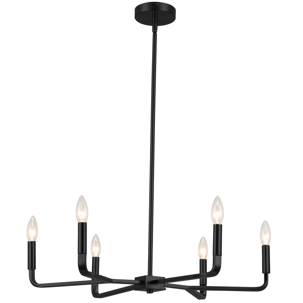 6 Light Incandescent Chandelier, Matte Black