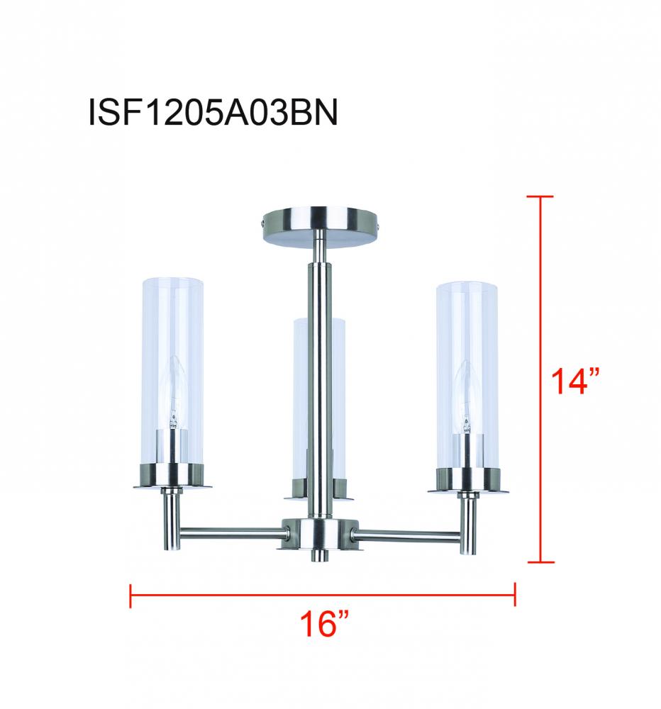 BENSON, ISF1205A03BN, 3 Lt Semi-Flush, Clear Glass, 60W Type C, 16inch W x 14inch H